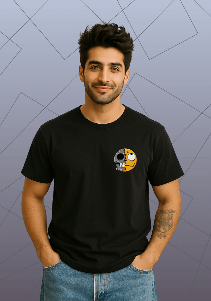 Premium Honeycomb Cotton T-shirt – Half Evil Skull Half Good Face Graphic