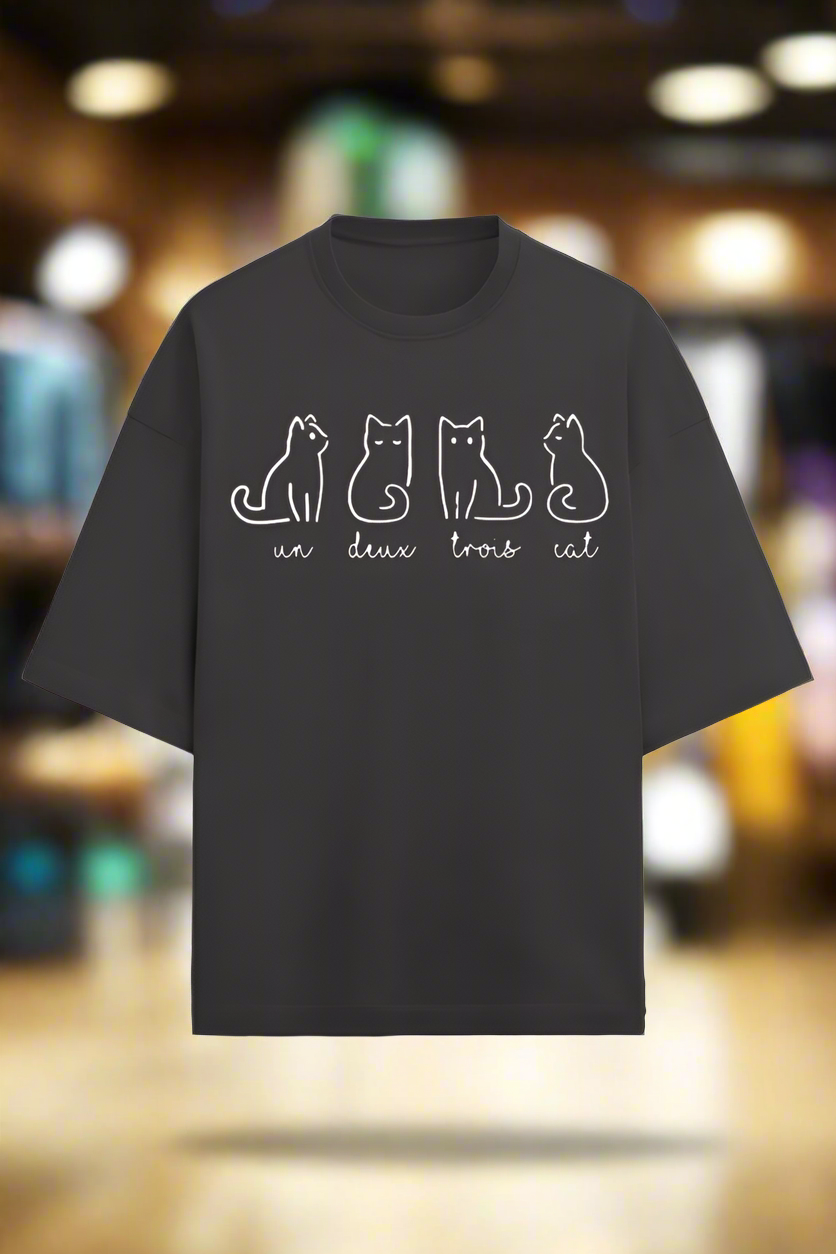 black cat graphic oversized terry cotton t-shirt for men and women
