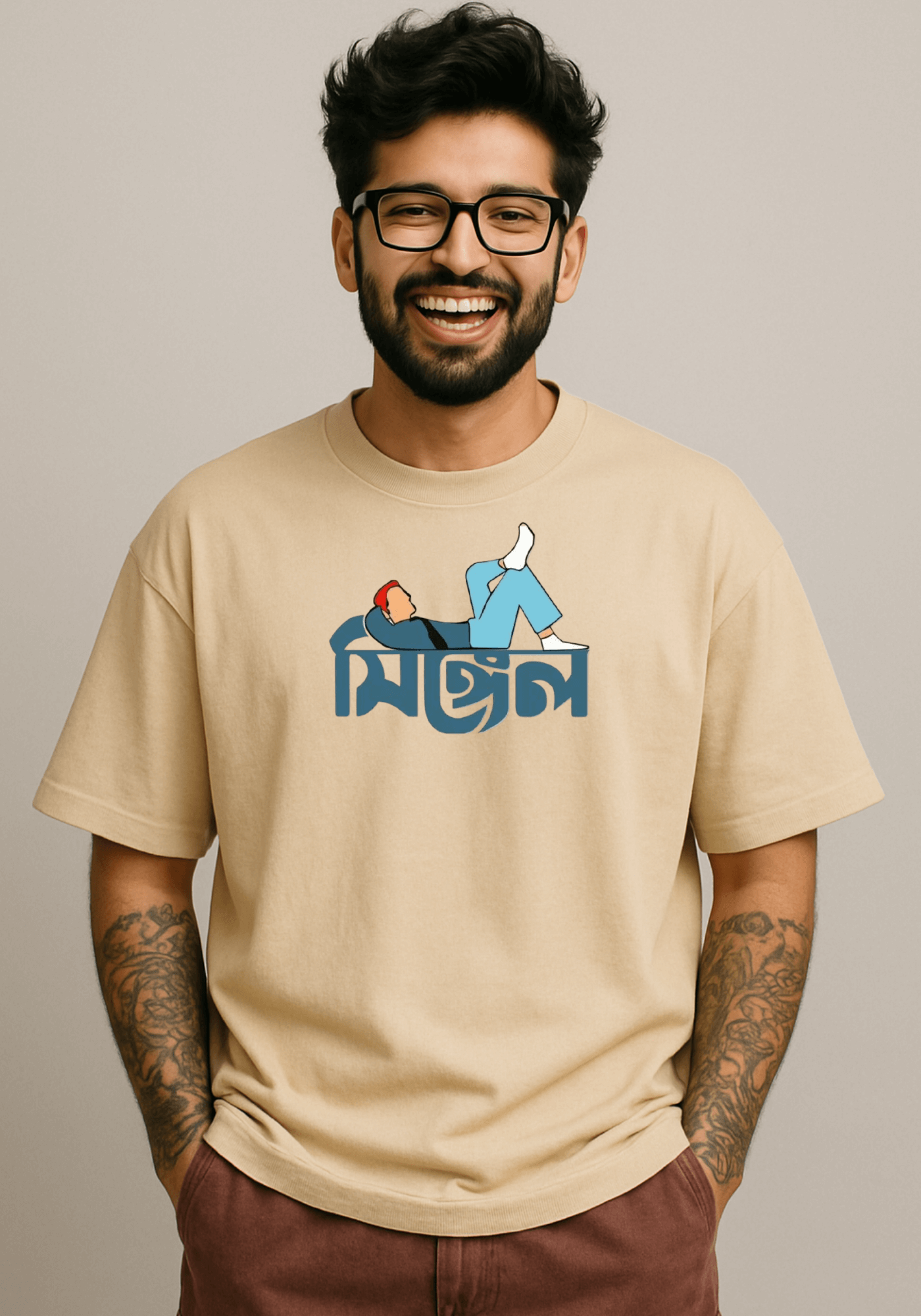 Single" Bengali Typography Oversized Drop Shoulder T-Shirt
