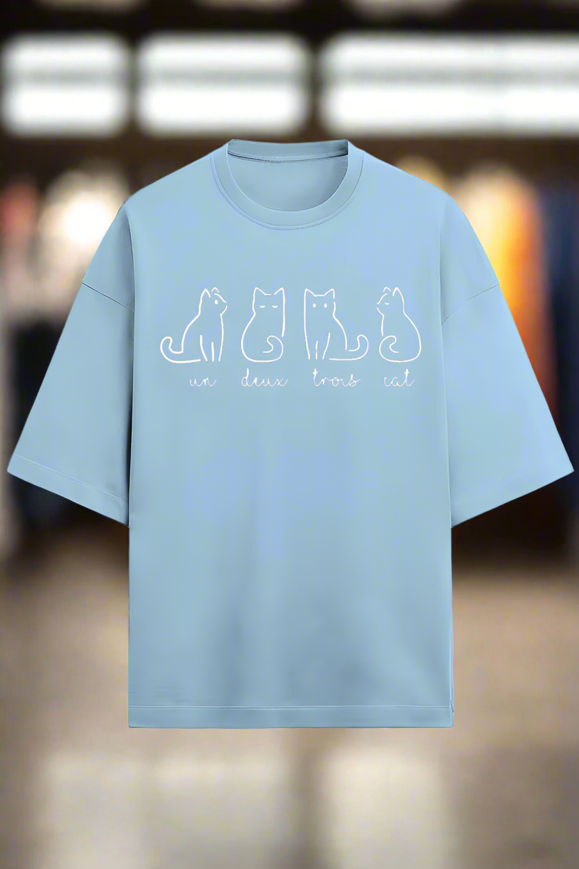 sky blue cotton oversized t-shirt for men and women with cute cat graphic