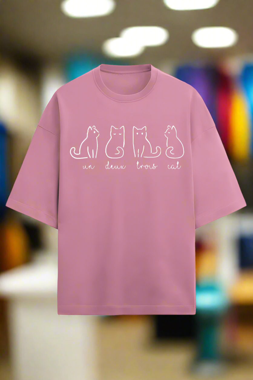pink cotton oversized t-shirt for men and women with cute cat graphic