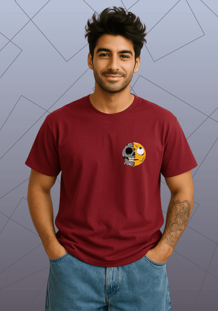 Premium Honeycomb Cotton T-shirt – Half Evil Skull Half Good Face Graphic