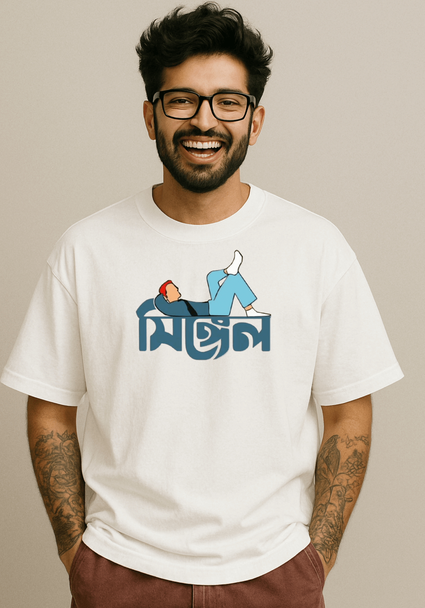 Single" Bengali Typography Oversized Drop Shoulder T-Shirt
