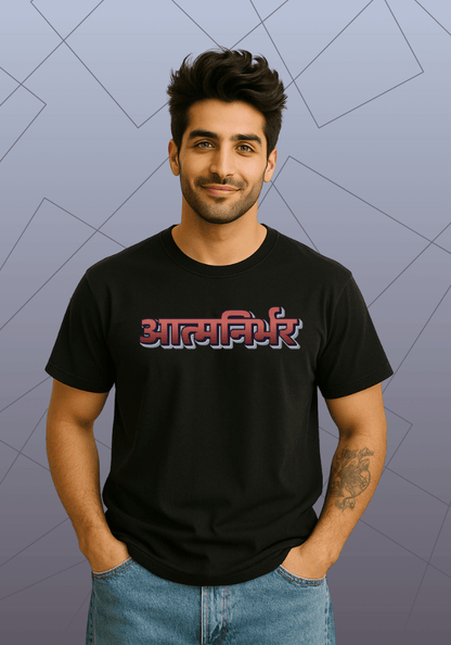 Premium Honeycomb Cotton T-shirt – Aatmanirbhar Hindi Typography Design