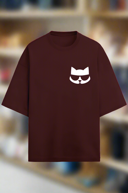 maroon red cotton oversized t-shirt for men and women with classy cat graphic