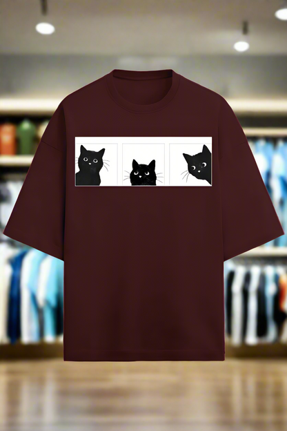 maroon cotton oversized t-shirt for men and women with cute cat graphic
