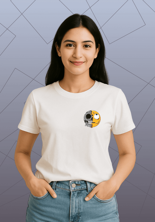 Premium Honeycomb Cotton T-shirt – Half Evil Skull Half Good Face Graphic