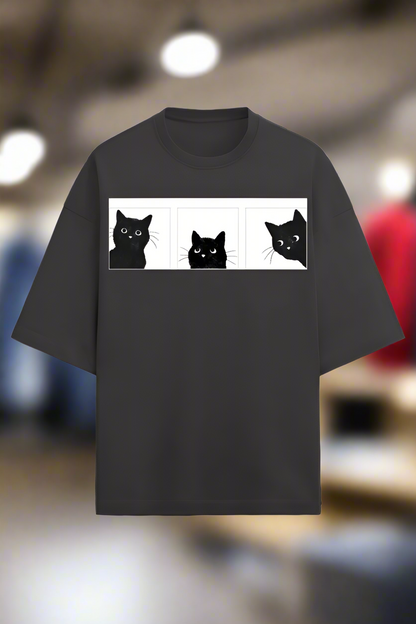 black cotton oversized t-shirt for men and women with cat graphic