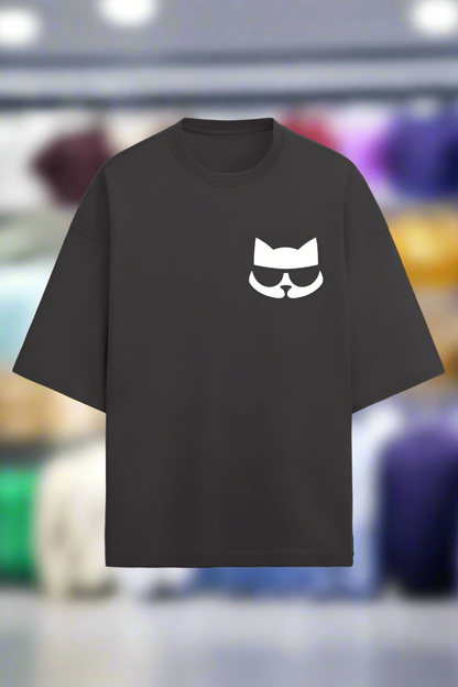 black cotton oversized t-shirt for men and women with classy cat graphic