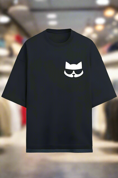 navy cotton oversized t-shirt for men and women with classy cat graphic