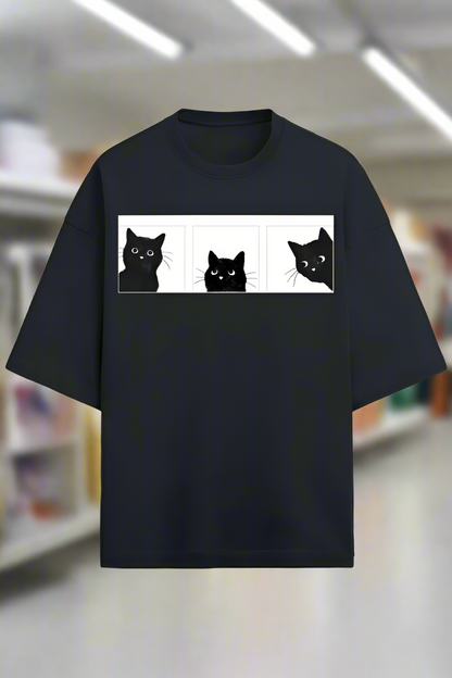 Navy cotton oversized t-shirt for men and women with cat graphic