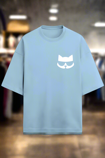 baby blue cotton oversized t-shirt for men and women with classy cat graphic
