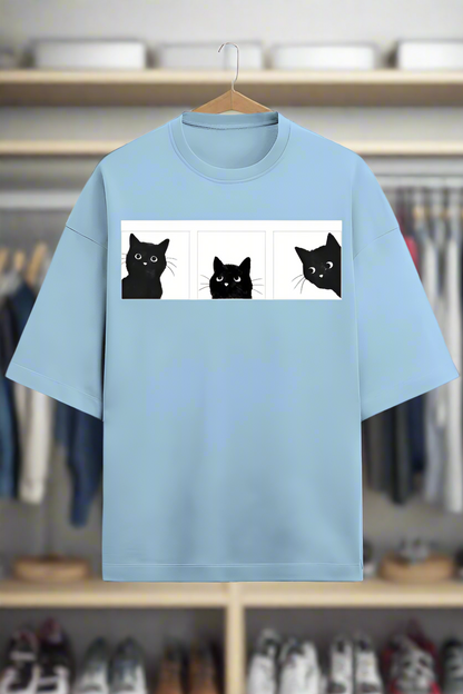 baby blue cotton oversized t-shirt for men and women with cute cat graphic

