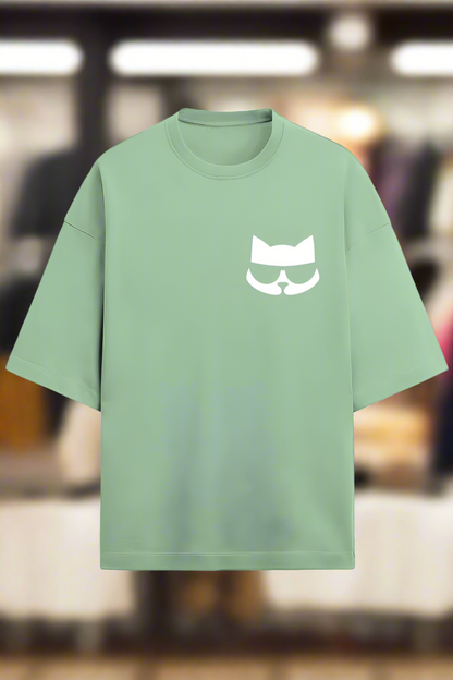 mint green or jade cotton oversized t-shirt for men and women with classy cat graphic
