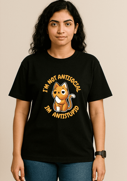 Anti-Stupid Cat Oversized Drop Shoulder T-Shirt