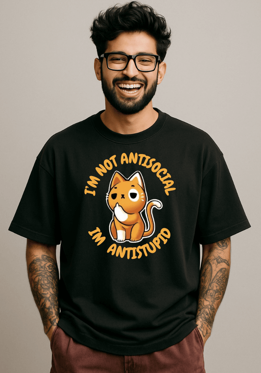 Anti-Stupid Cat Oversized Drop Shoulder T-Shirt