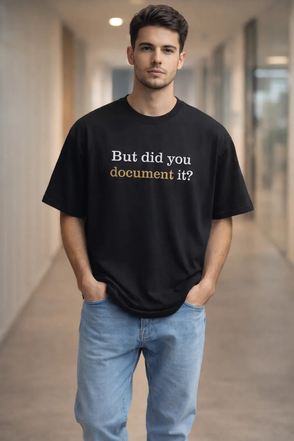 "Did you Document" Black Oversized office T-Shirt for men and women hermoza india