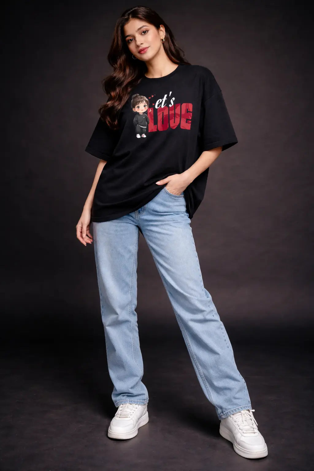 Let's love oversized black Couple T-Shirt for her