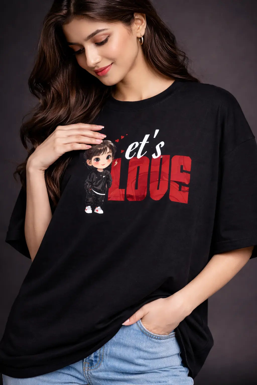 Let's love oversized black Couple T-Shirt for her