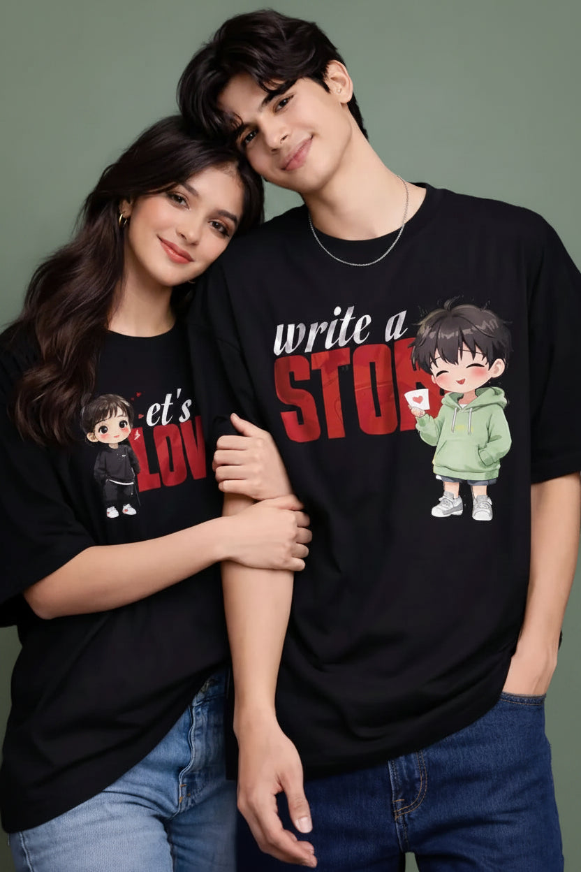 Write a story oversized black Couple T-Shirt for him