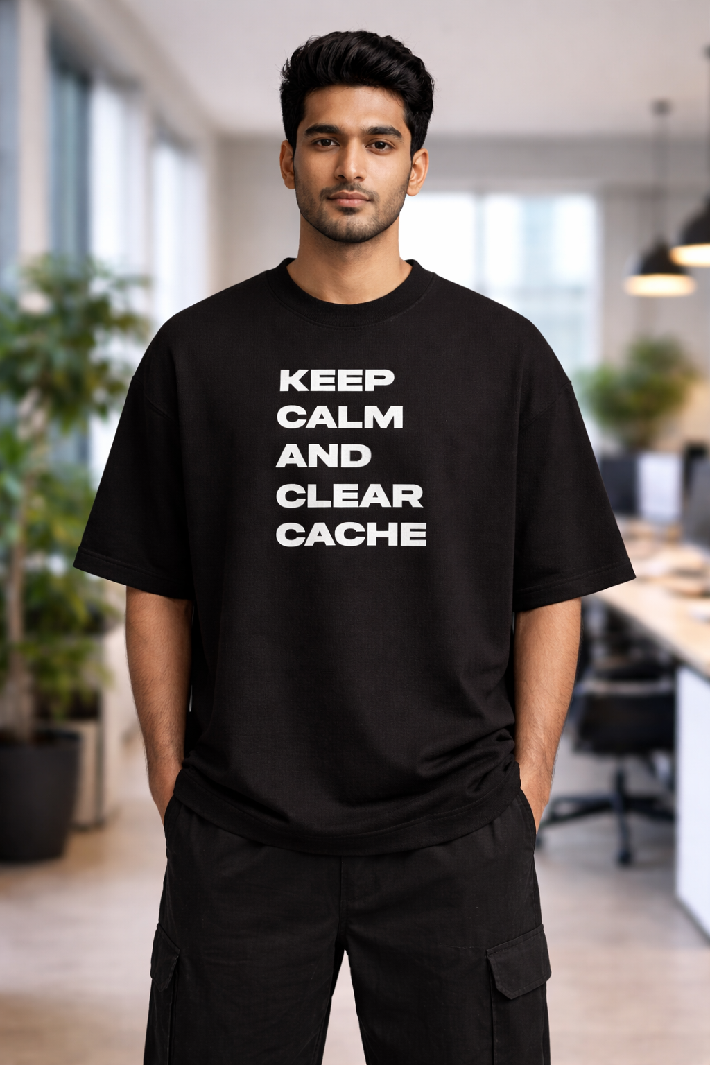 Clear cache Black Oversized office T-Shirt for men and women
