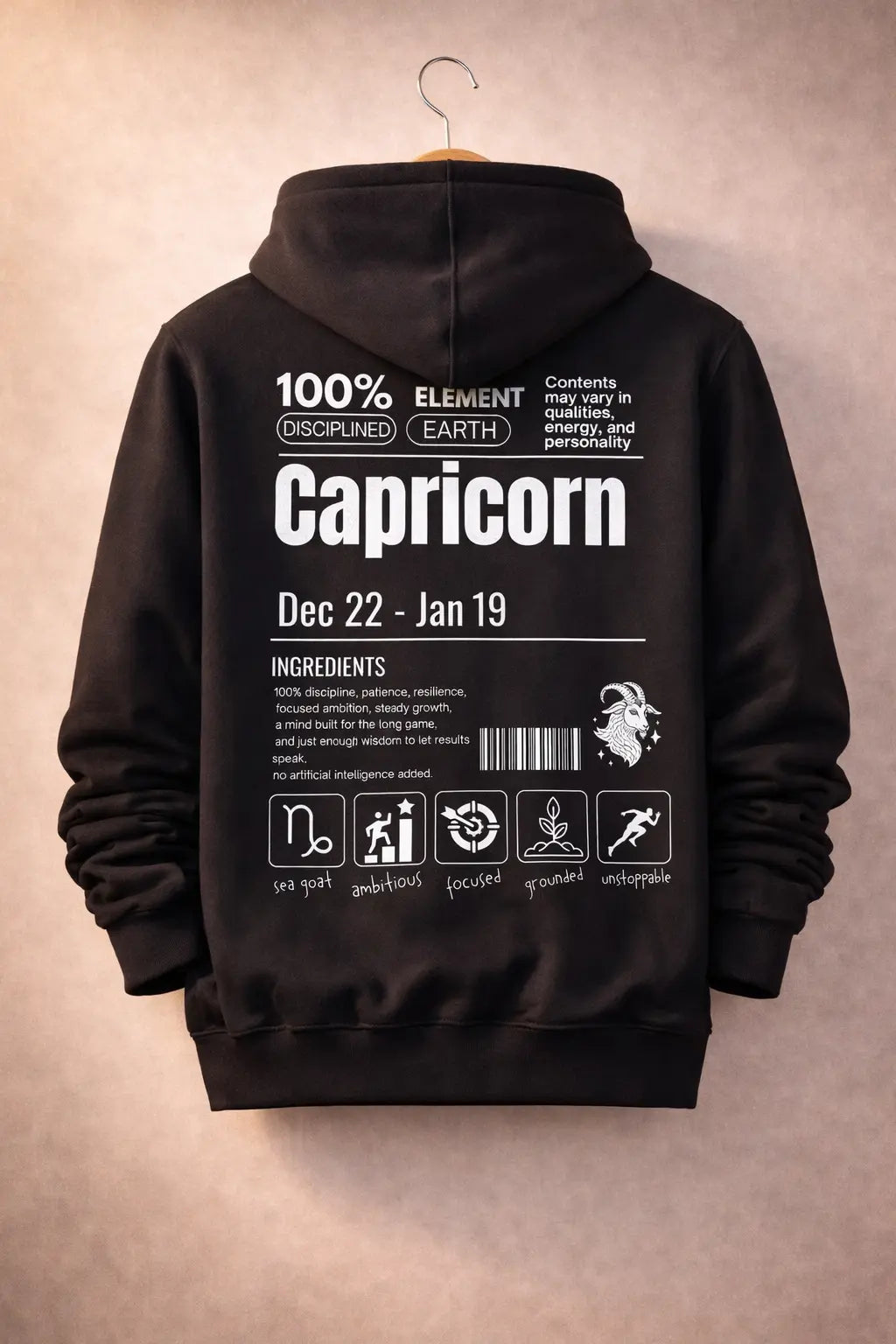 Capricorn Detailed black drop shoulder hoodie
