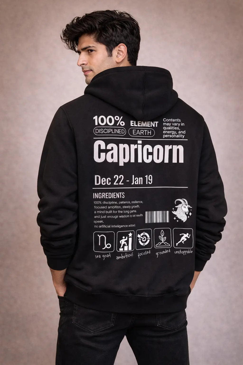 Capricorn Detailed black drop shoulder hoodie