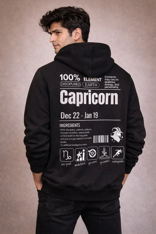 Capricorn Detailed black drop shoulder hoodie