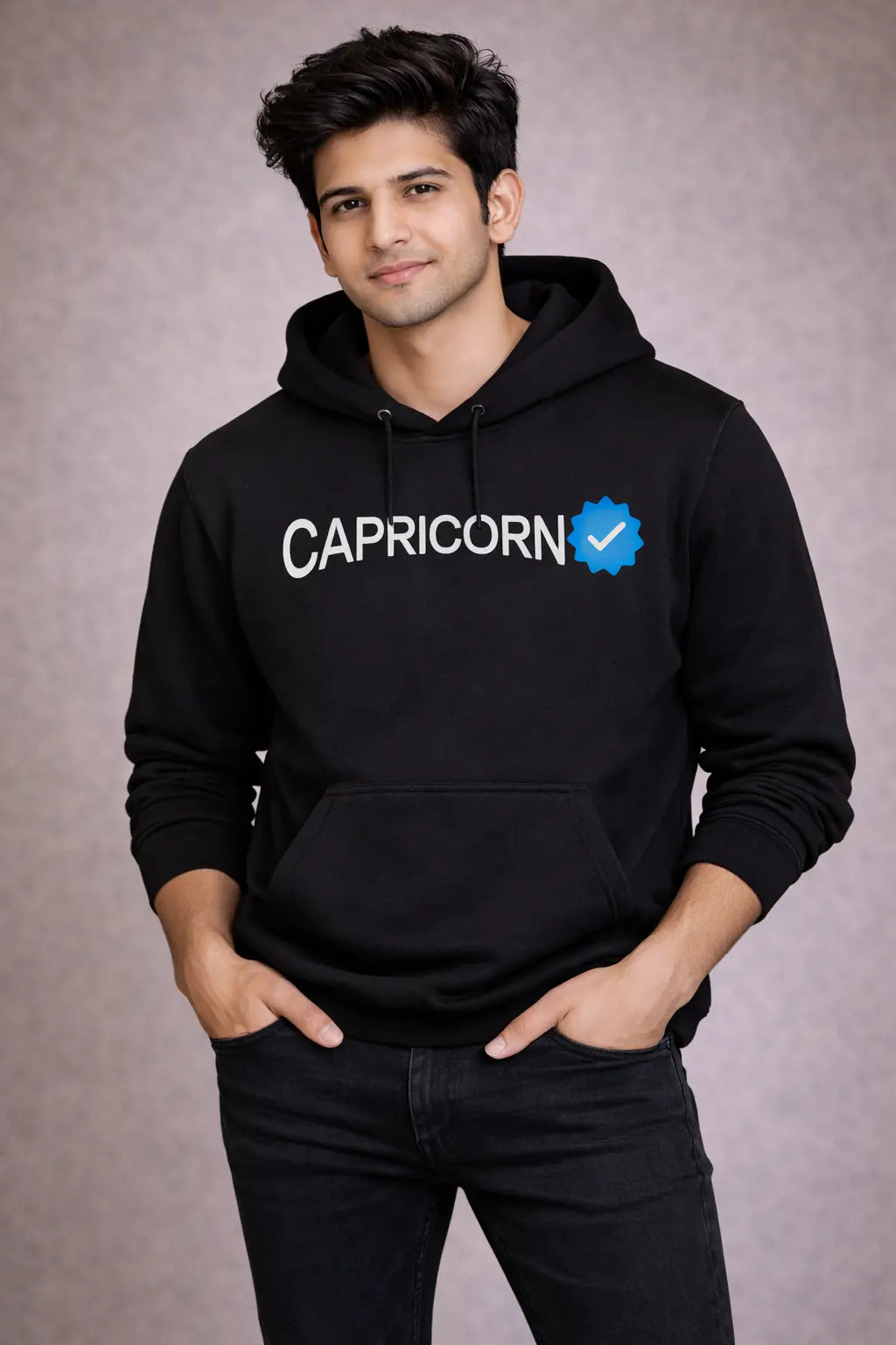 Capricorn Detailed black drop shoulder hoodie