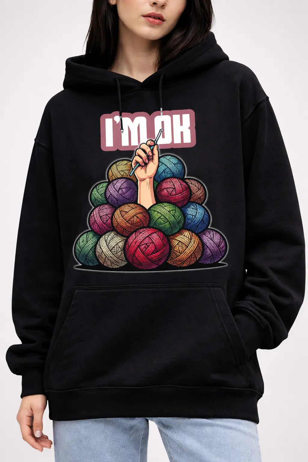 I'M OK - Crochet Artist Black Oversized Hoodie
