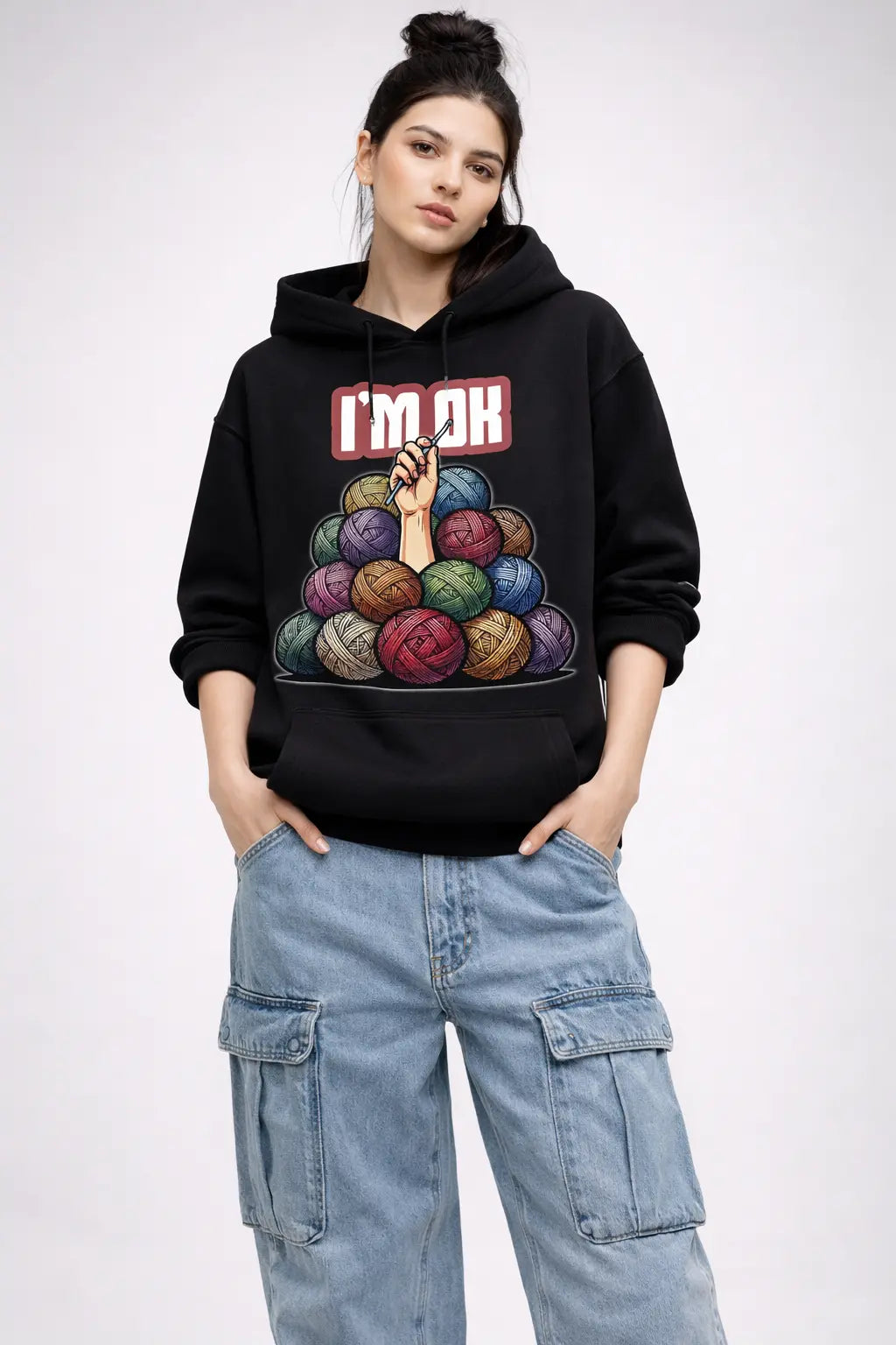 I'M OK - Crochet Artist Black Oversized Hoodie