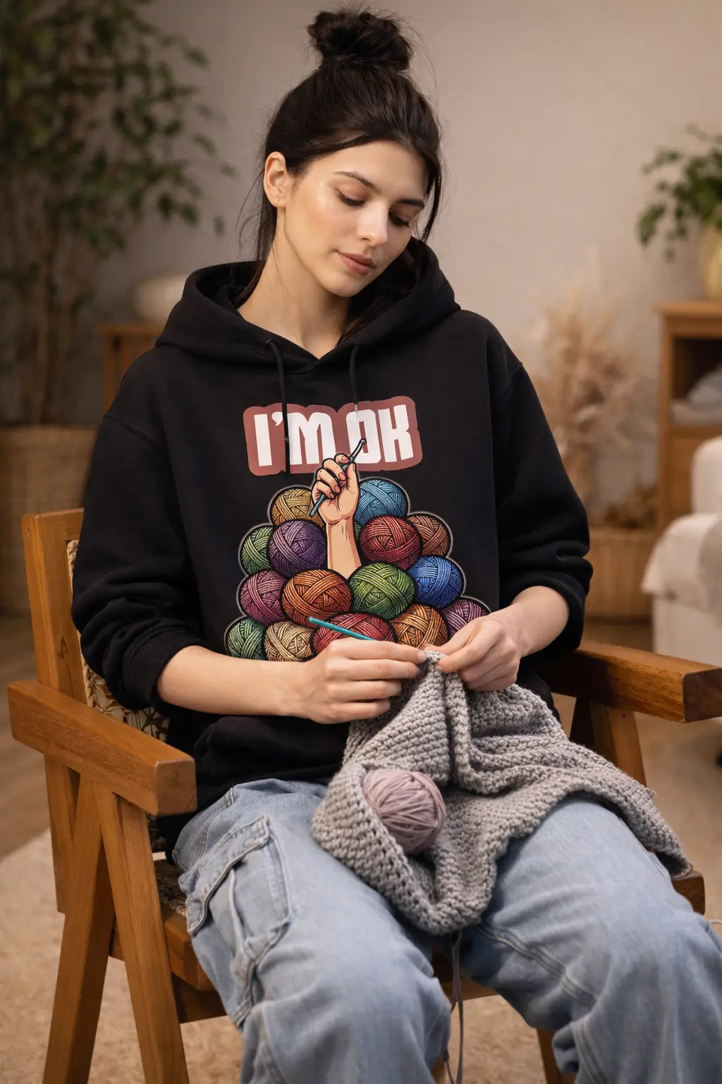 I'M OK - Crochet Artist Black Oversized Hoodie
