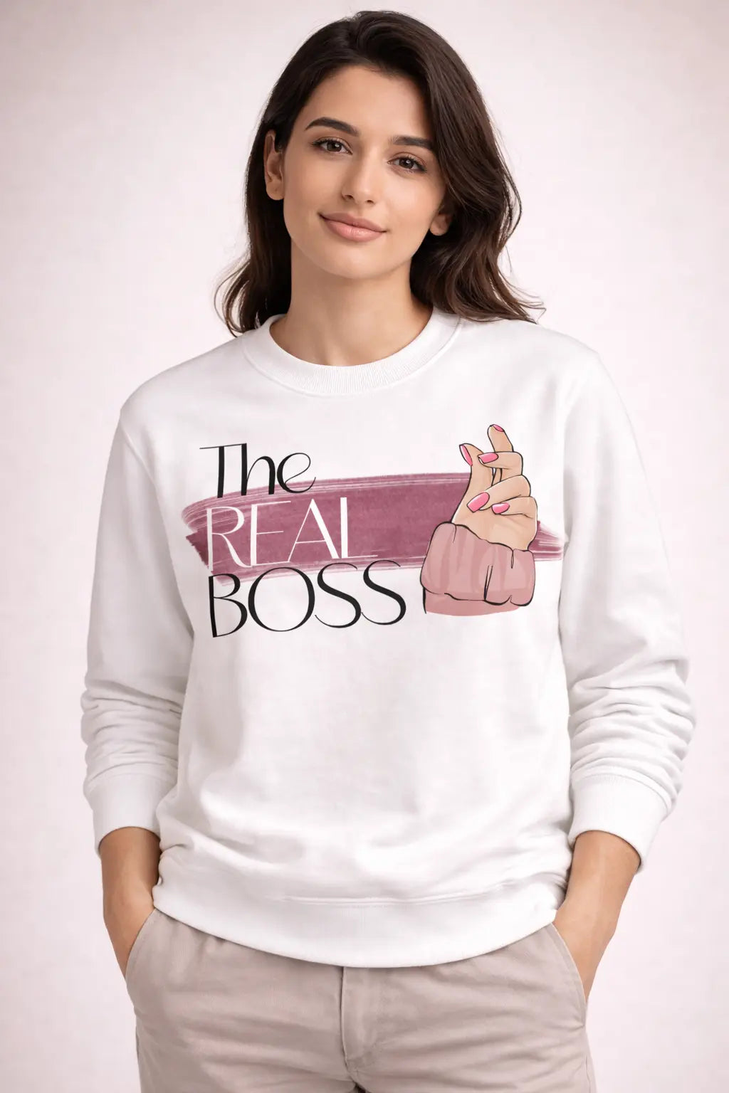 The Real Boss White Sweatshirt - Funny Couple Matching Sweatshirt for Her