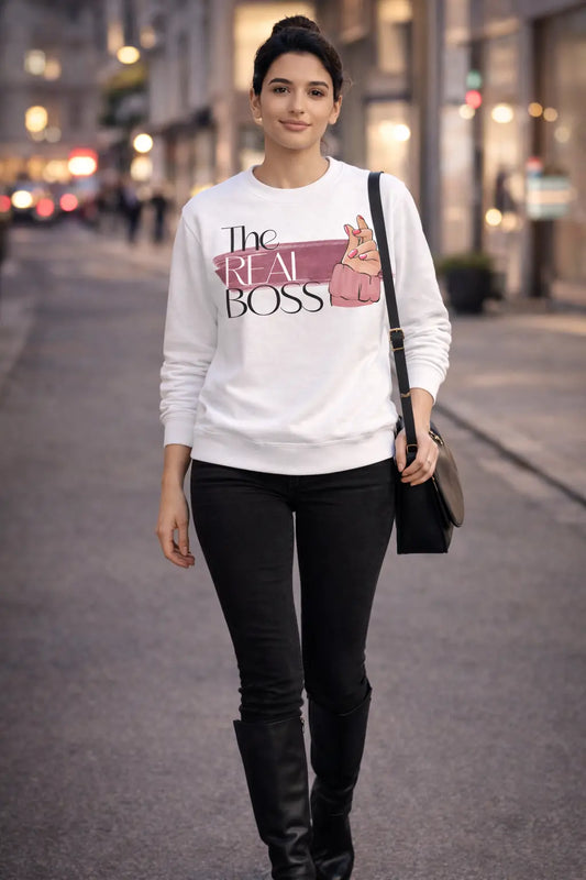 The Real Boss White Sweatshirt - Funny Couple Matching Sweatshirt for Her