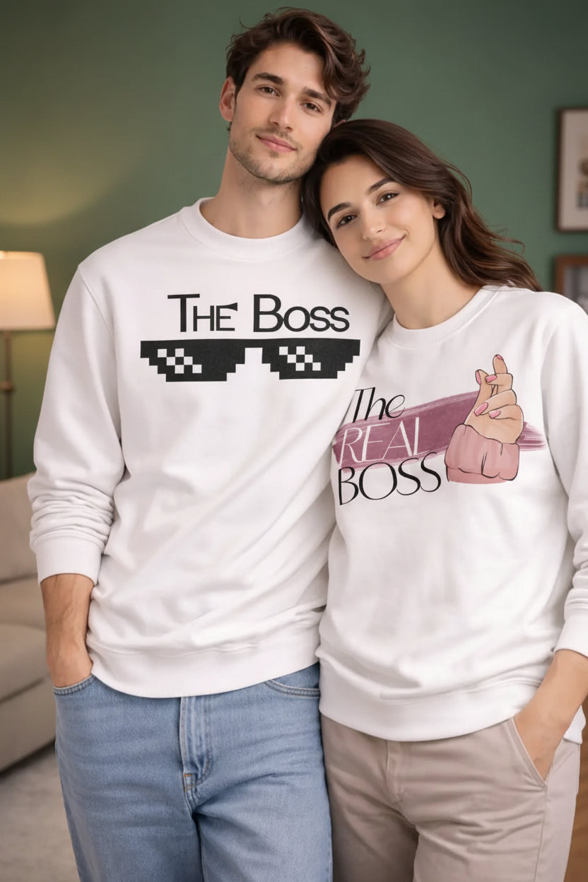 The Boss White Sweatshirt - Funny Couple Matching Sweatshirt for Him