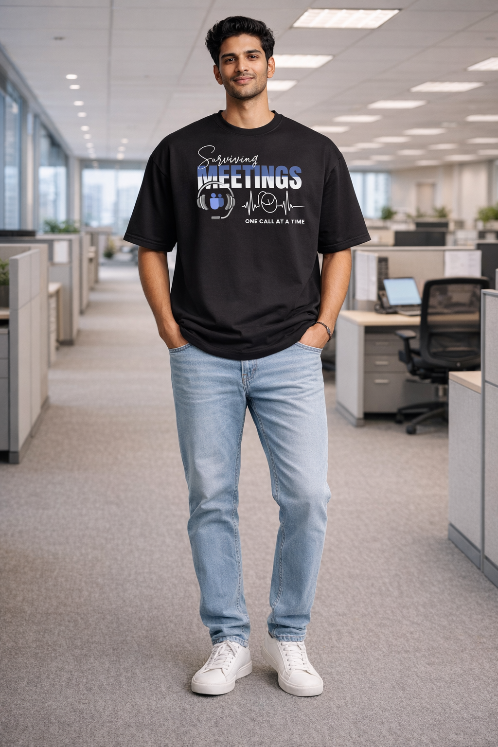 Surviving Meetings Black Oversized T-Shirt for men and women hermoza india
