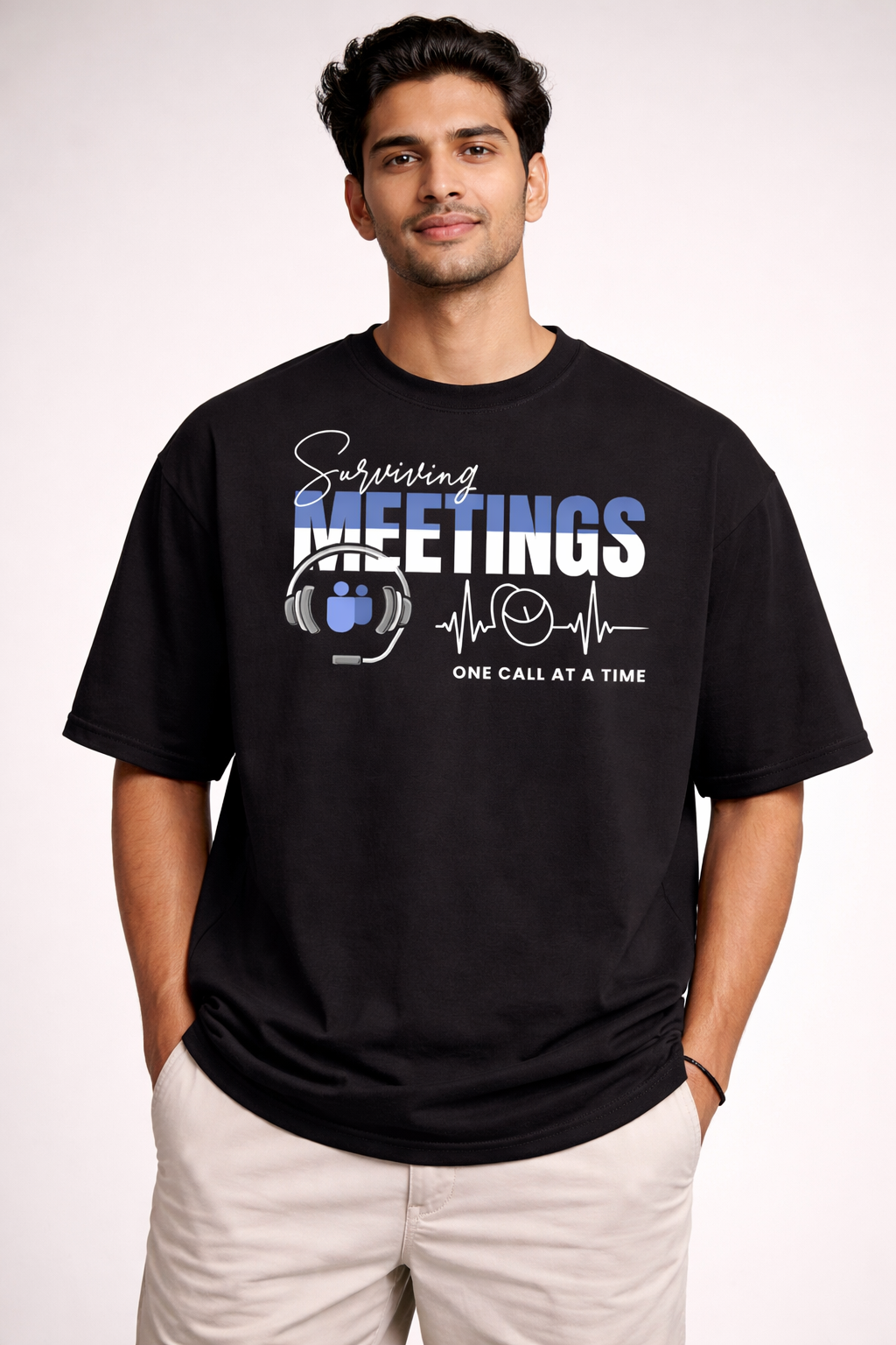 Surviving Meetings Black Oversized T-Shirt for men and women hermoza india