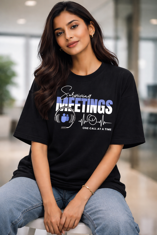 Surviving Meetings Black Oversized T-Shirt for men and women hermoza india