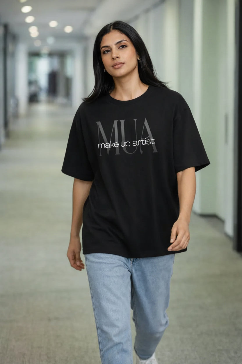 MUA Black Oversized T-Shirt  Makeup Artist Statement Tee hermoza india