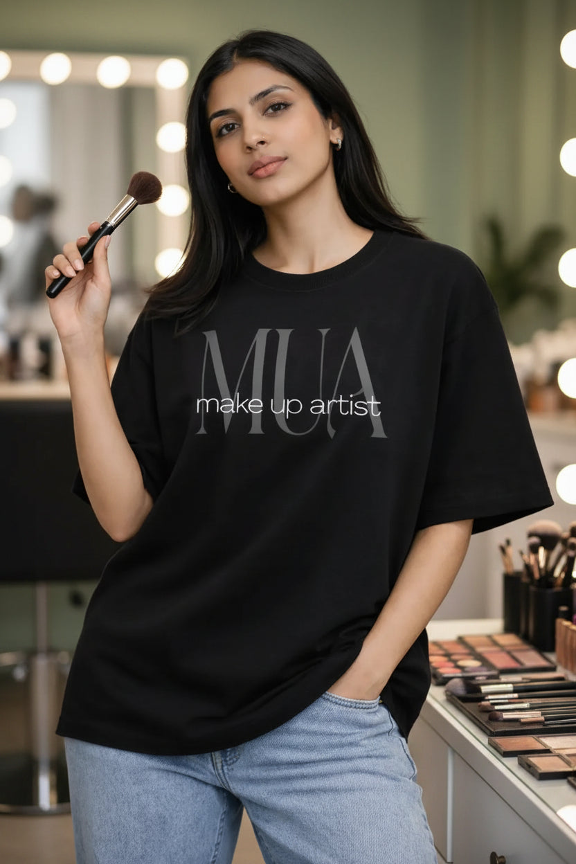 MUA Black Oversized T-Shirt  Makeup Artist Statement Tee hermoza india