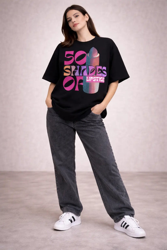50 Shades of Lipstick Black Oversized T-Shirt – Stylish Makeup Graphic Tee