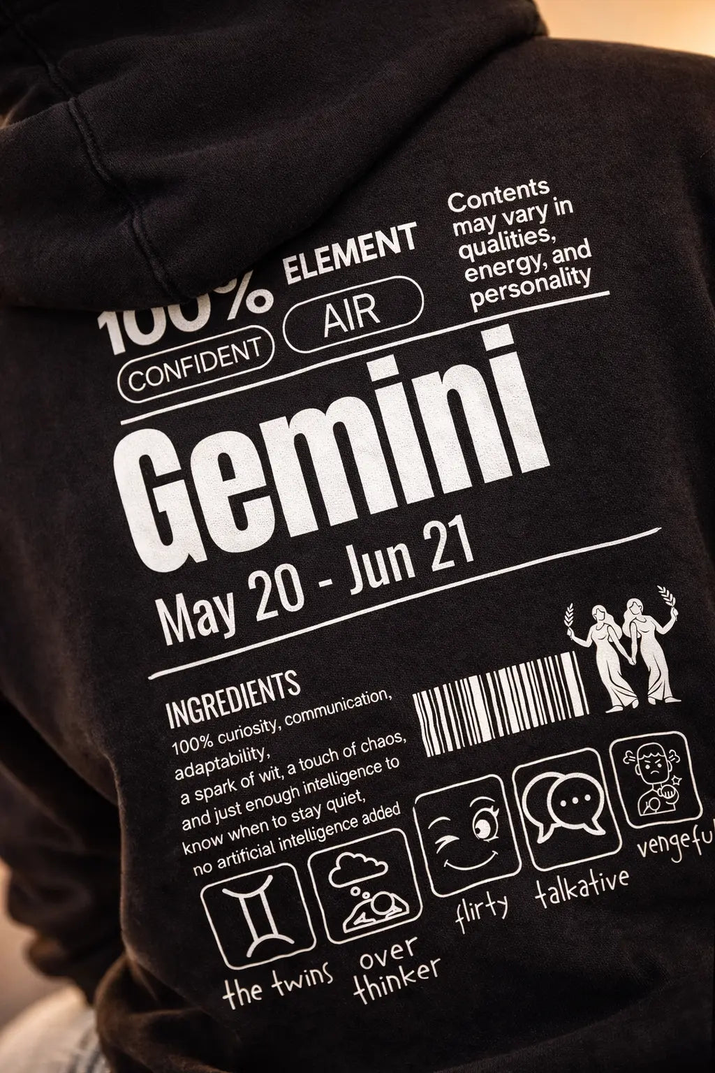Gemini Detailed black drop shoulder hoodie