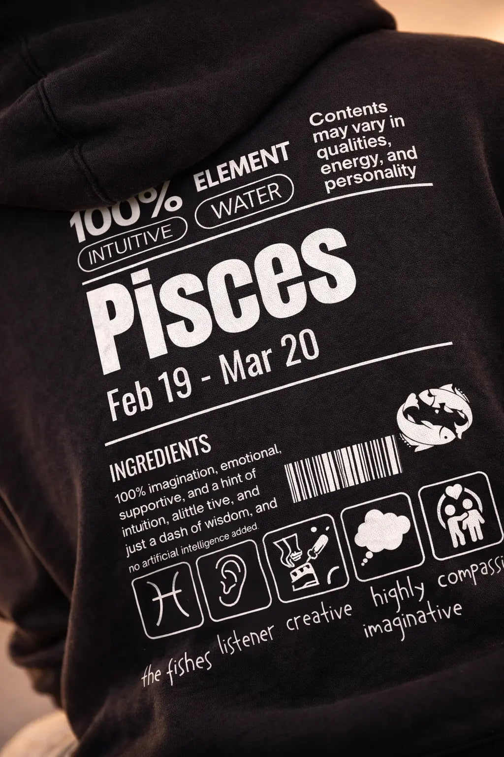 Pisces Detailed black drop shoulder hoodie