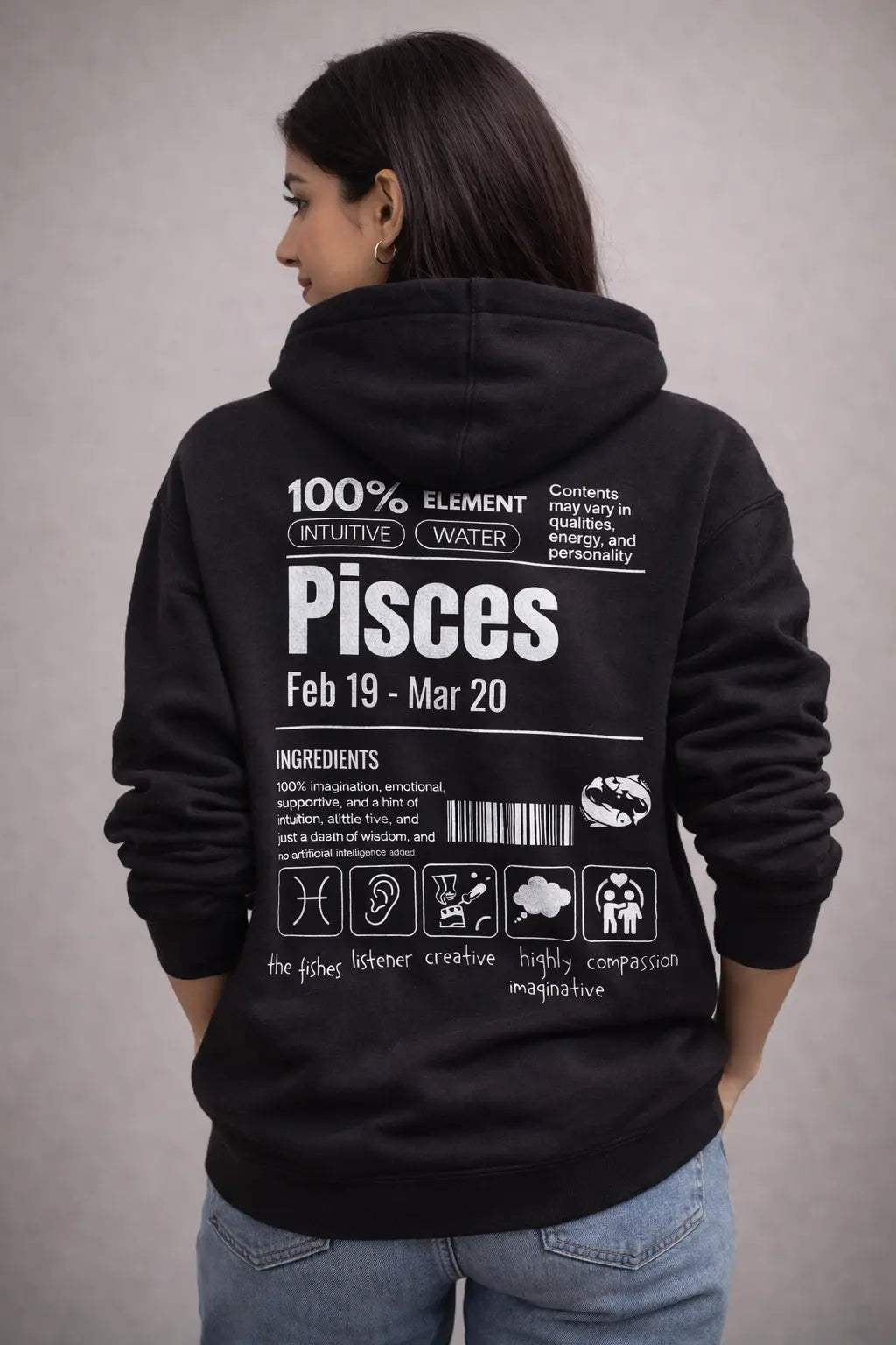Pisces Detailed black drop shoulder hoodie