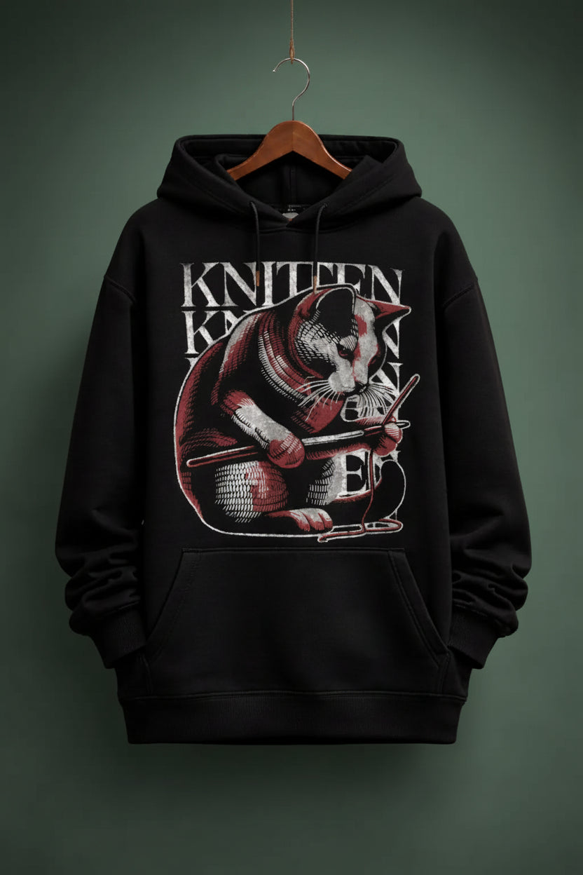 Black oversized hoodie with a knitten design on hanger 