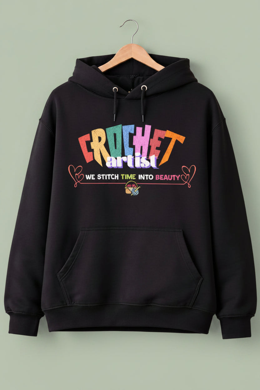 Black oversized hoodie with colorful 'Crochet Artist' text 