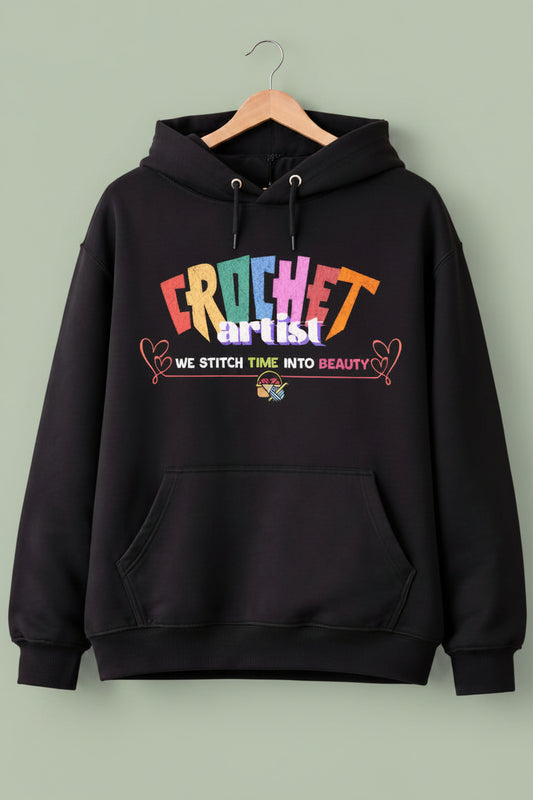 Black oversized hoodie with colorful 'Crochet Artist' text 
