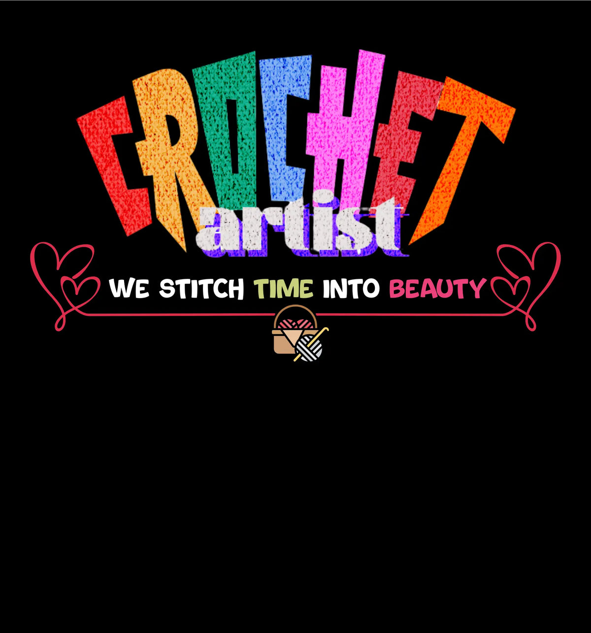 Colorful 'Crochet Artist' text with a crochet hook icon on a black background