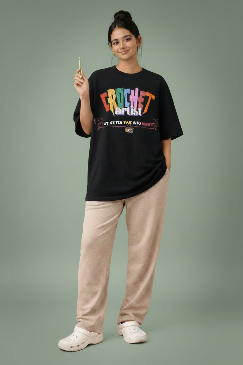 Crochet Artist stitching time into beauty Black Oversized tshirt