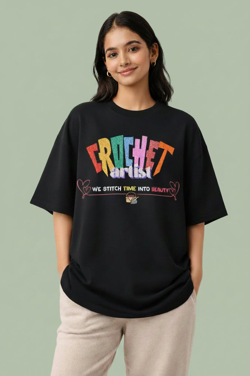 a premium black oversized  t-shirt with colorful design
